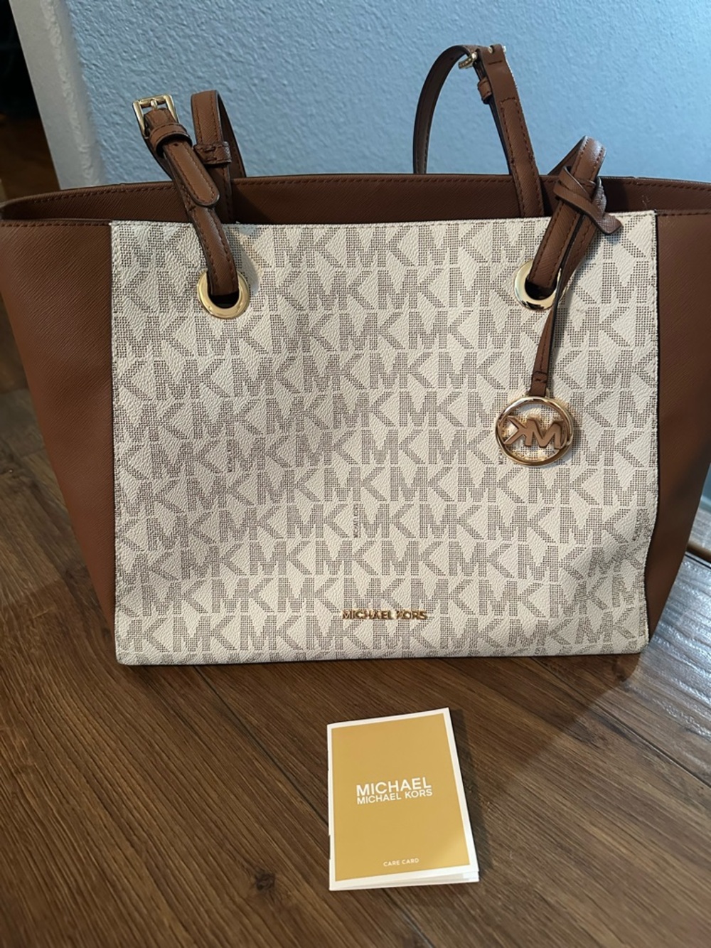 Michael Kors Brown and Cream MK Signature Large Tote with Gold Accent